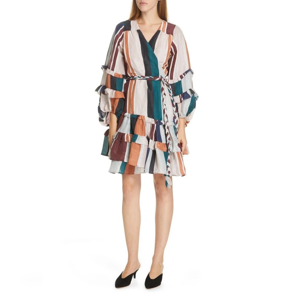 Apiece Apart Zarza Wrap Mini Dress M Women Casual Stripe Tiered Ruffle New 23775